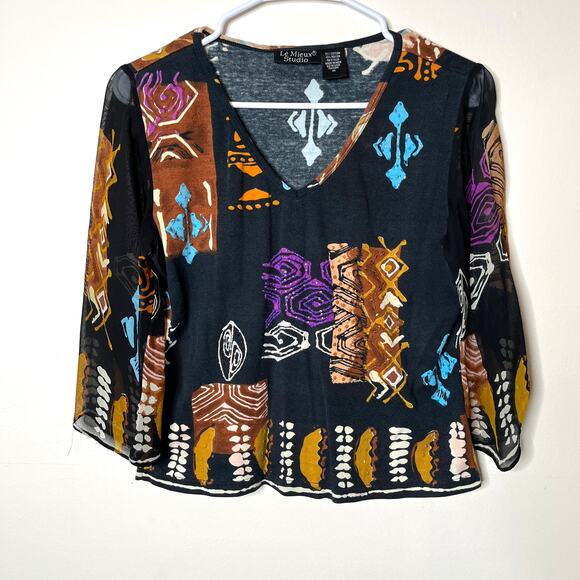 Le Mieux Studio Artsy Eclectic Top M Black V-Neck 3/4 Sleeve Abstract Print - Picture 1 of 4